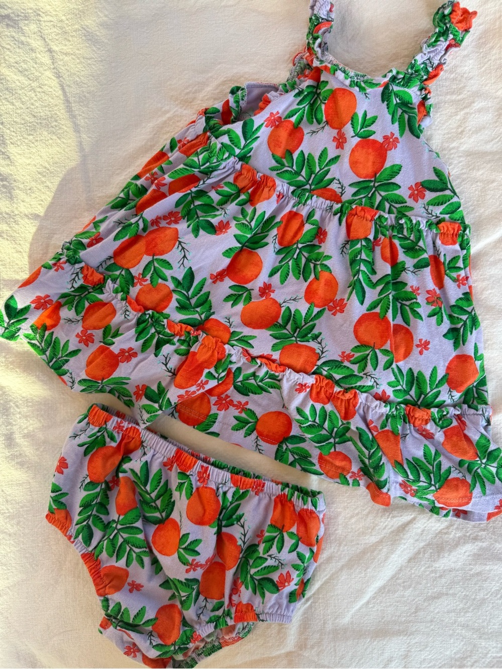 J. Crew Girls Lavender Dress with Orange Fruit Print and Bloomers